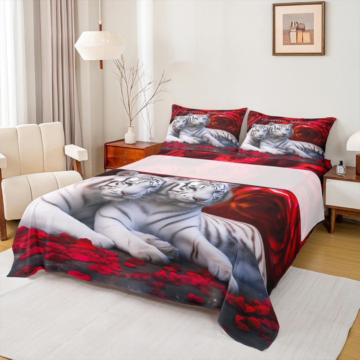 Erosebridal Custom Name White Tiger Sheet Set Red Rose Flower Sheets,African Safari Animals Bed Sheets Set Queen Big Cat Wild Animal Skin Bed Set,Romantic Garden Floral Bedroom Decor