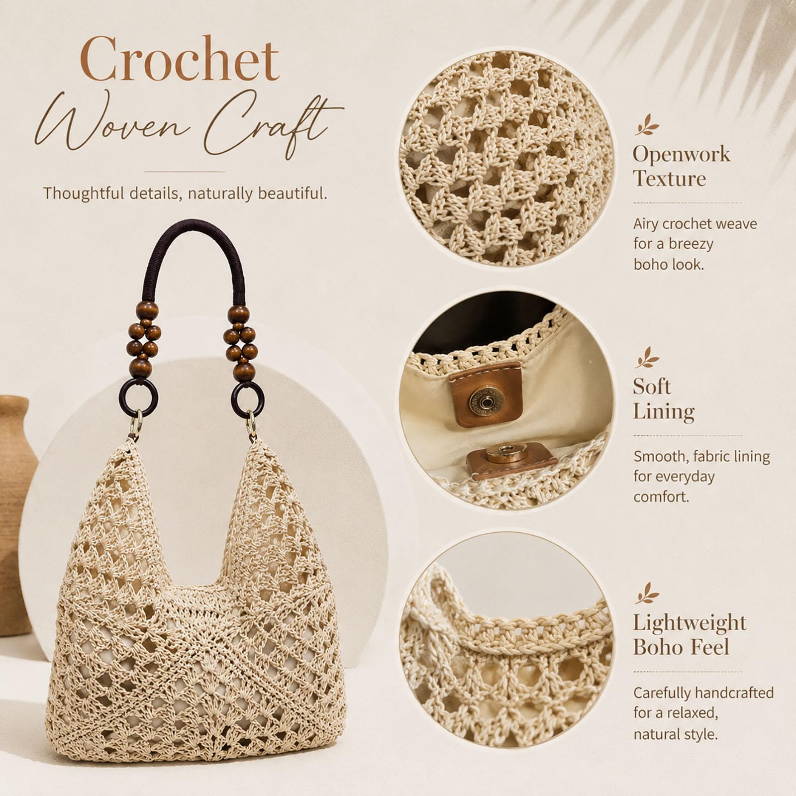 Straw Bags for Women 2026, Crochet Woven Beach Tote Bag with Wooden Beads, Boho Shoulder Purse for Summer Vacation Travel