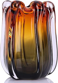 Large Hand Blown Glass Vase, Unique Amber Gradient Colored Decorative Vase, Murano Style Modern Art Decor, Heavy Wide Mouth Flower Vase for Living Room, Wedding Centerpieces 9.06in