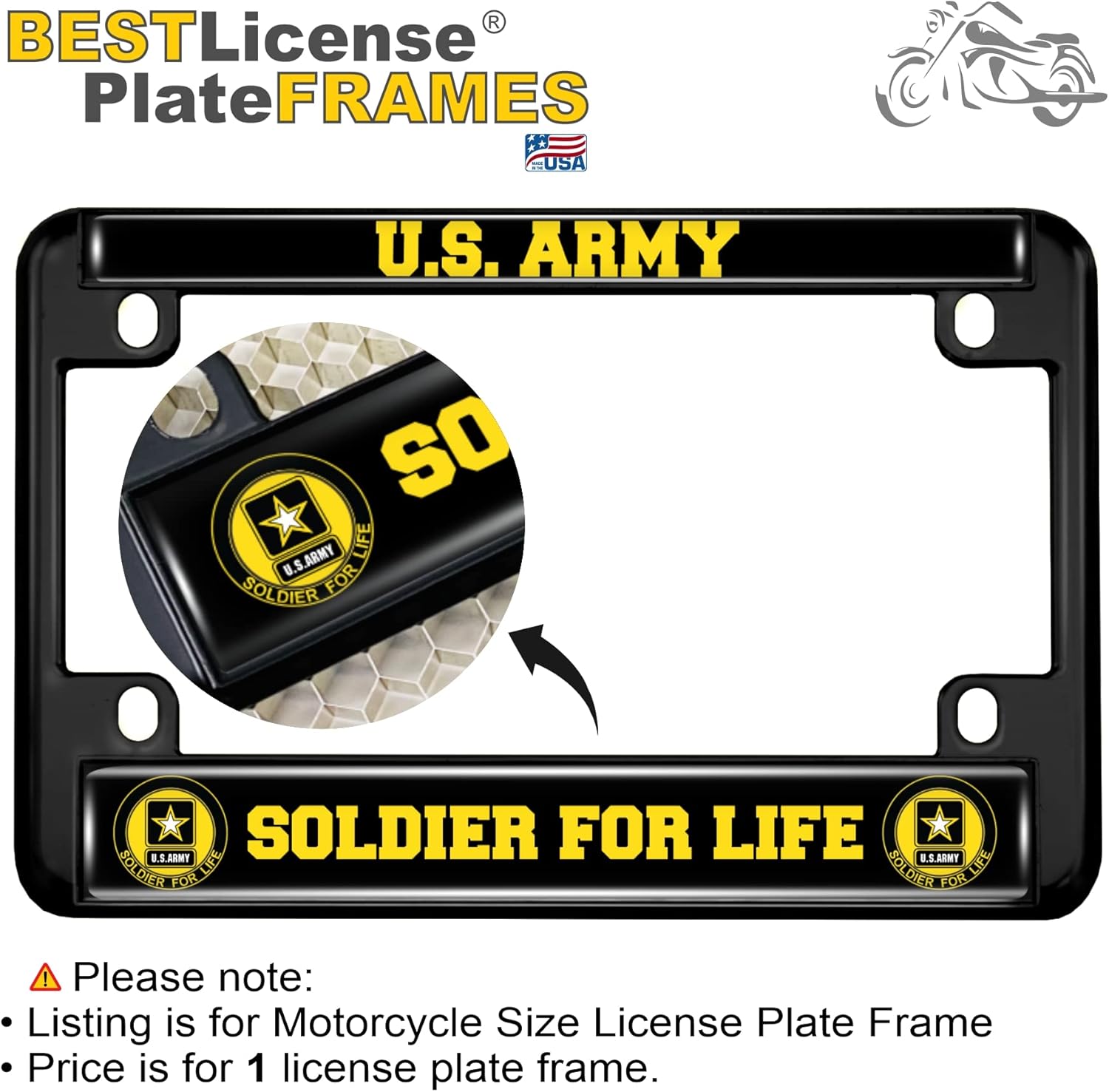 [Officially Licensed Product] - Motorcycle Metal License Plate Frame with U.S. Army Soldier for Life Design - Black