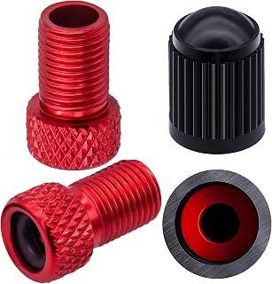 2PCS Presta Valve Adapter, Aluminum Convert Presta to Schrader Adaptor, Inflate Tire Using Standard Pump or Air Compressor for Bikes, 2 x Black Tire Valve Caps(Reticulated Grain Style, Red)
