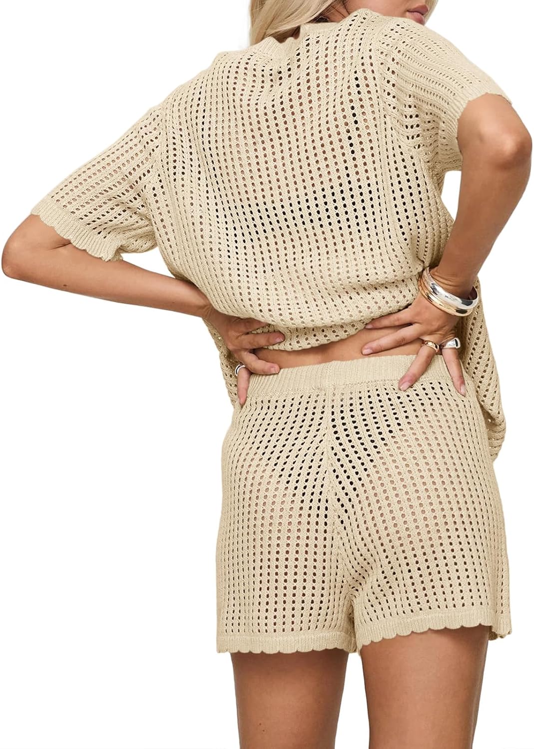 Saodimallsu Womens Crochet Swimsuit Coverup Sets Short Sleeve V Neck Button Tops Drawstring Shorts 2 Piece Beach Outfits - Image 4