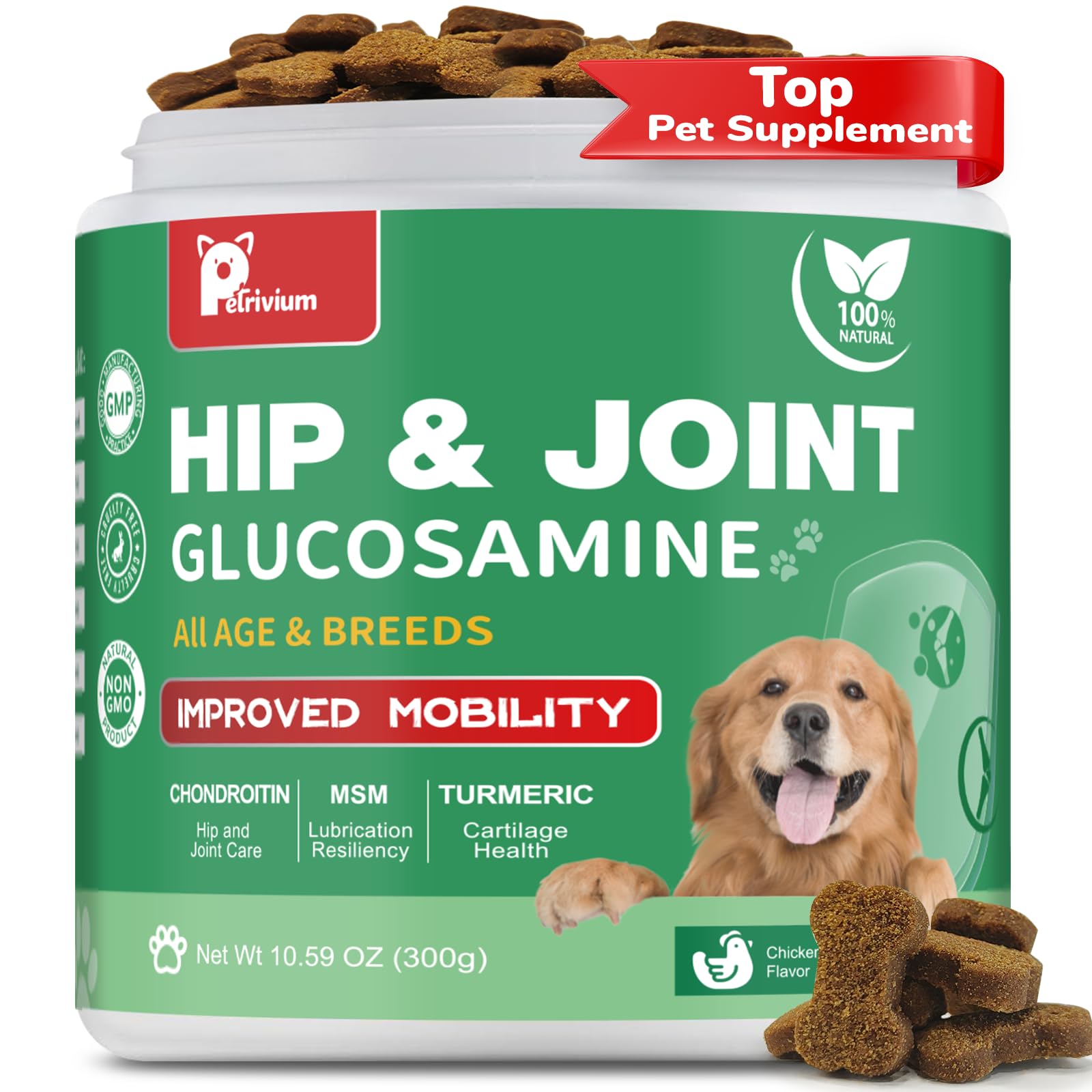 Hip and Joint Supplement for Dogs, Glucosamine Treats Chews with Chondroitin, MSM, Turmeric - Support Joint Pain Relief, Mobility, Reduce Occasional Discomfort, Fit All Ages and Breeds, 150 Soft Chew