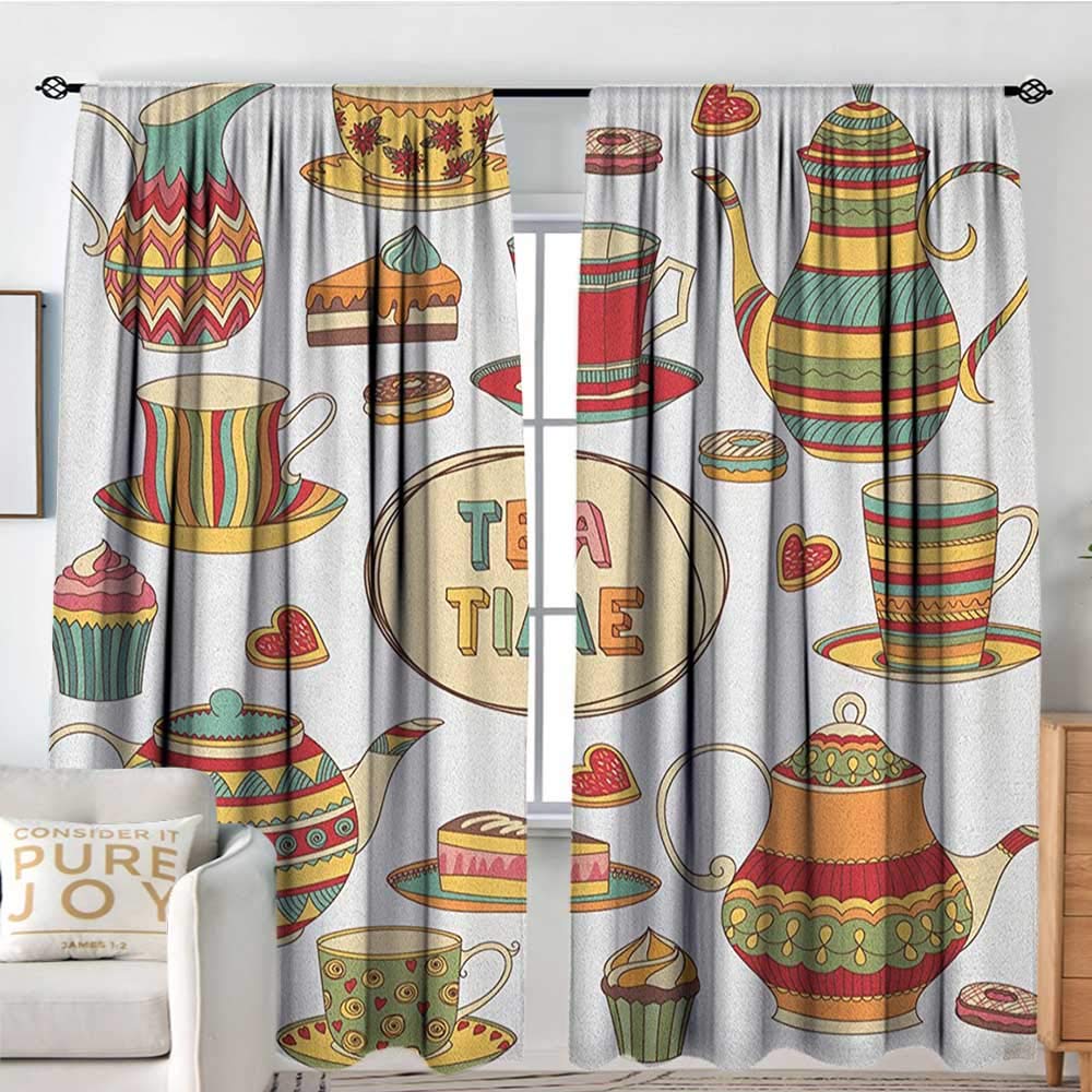 NUOMANAN Blackout Curtains Tea Party,Tea Time Cartoon Set with Donuts Cake Slices Cupcakes Breakfast Get Together, Multicolor,for Room Darkening Panels for Living Room, Bedroom 54"x72"