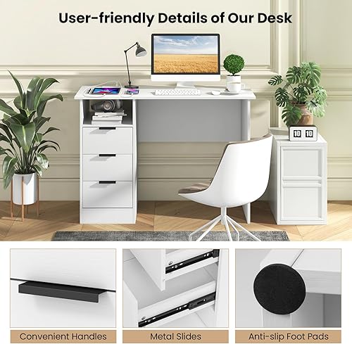Miniatura 8 de Tangkula Escritorio blanco con 3 cajones y estación de carga, escritorio de oficina en casa con estante abierto, escritorio de estudio, estación de