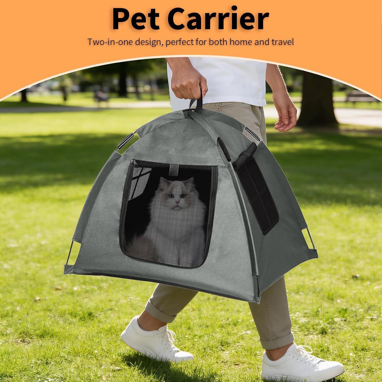 Portable Pet Tent with Full-Enclosure Zippered Mesh Door, Indoor & Outdoor Cat House for Safety & Ventilation, Cozy Nest for Cats, Puppies & Small Animals (Grey)
