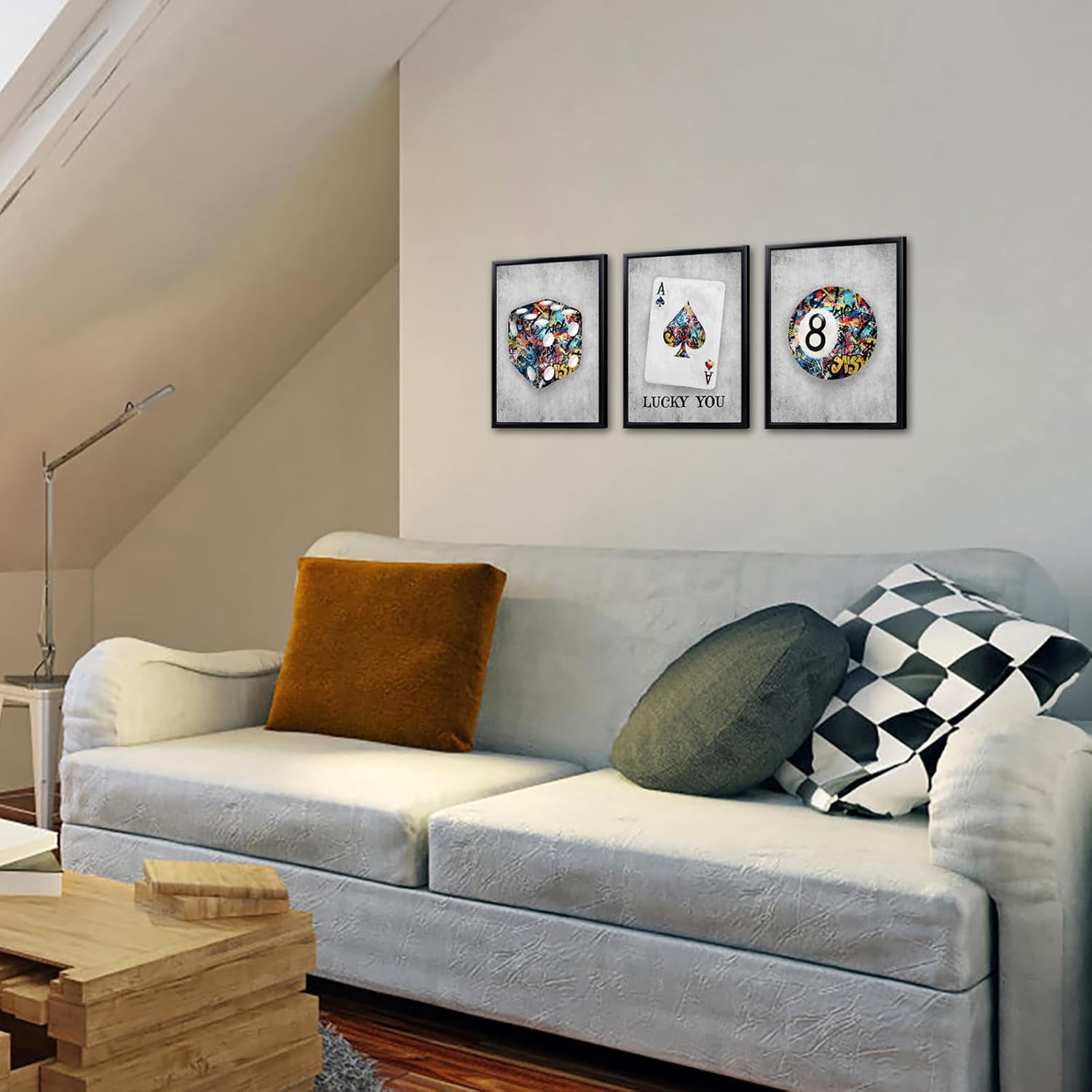 Kalormore Framed Stylish 8 Ball Wall Art Graffiti Canvas Picture Vintage Ace Cards Poster Prints Artwork Aesthetic Game Room Decor