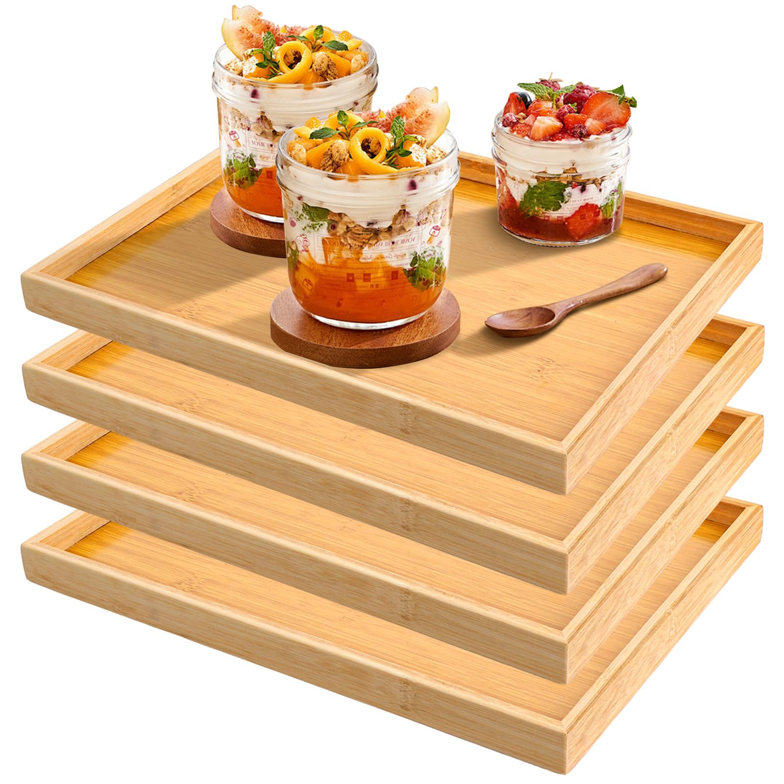 Lot de 4 plateaux de service rectangulaires en bambou - 37 x 26 x 2,5 cm - Pour nourriture, salle à manger, collation et fruits