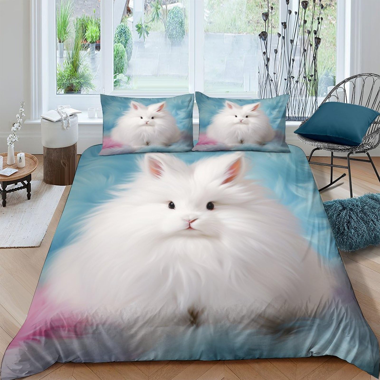 Housse de couette motif lapin angora parure de lit king size 220x240 cm en microfibre douce