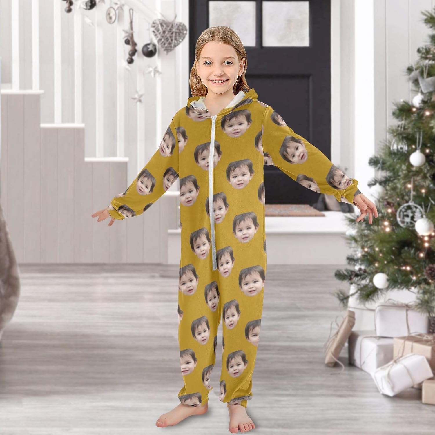 CHIFIGNO Personalized Kids Onesie with Face Photo Custom One-piece Jumpsuits Xmas Halloween Costumes for Girls Boys
