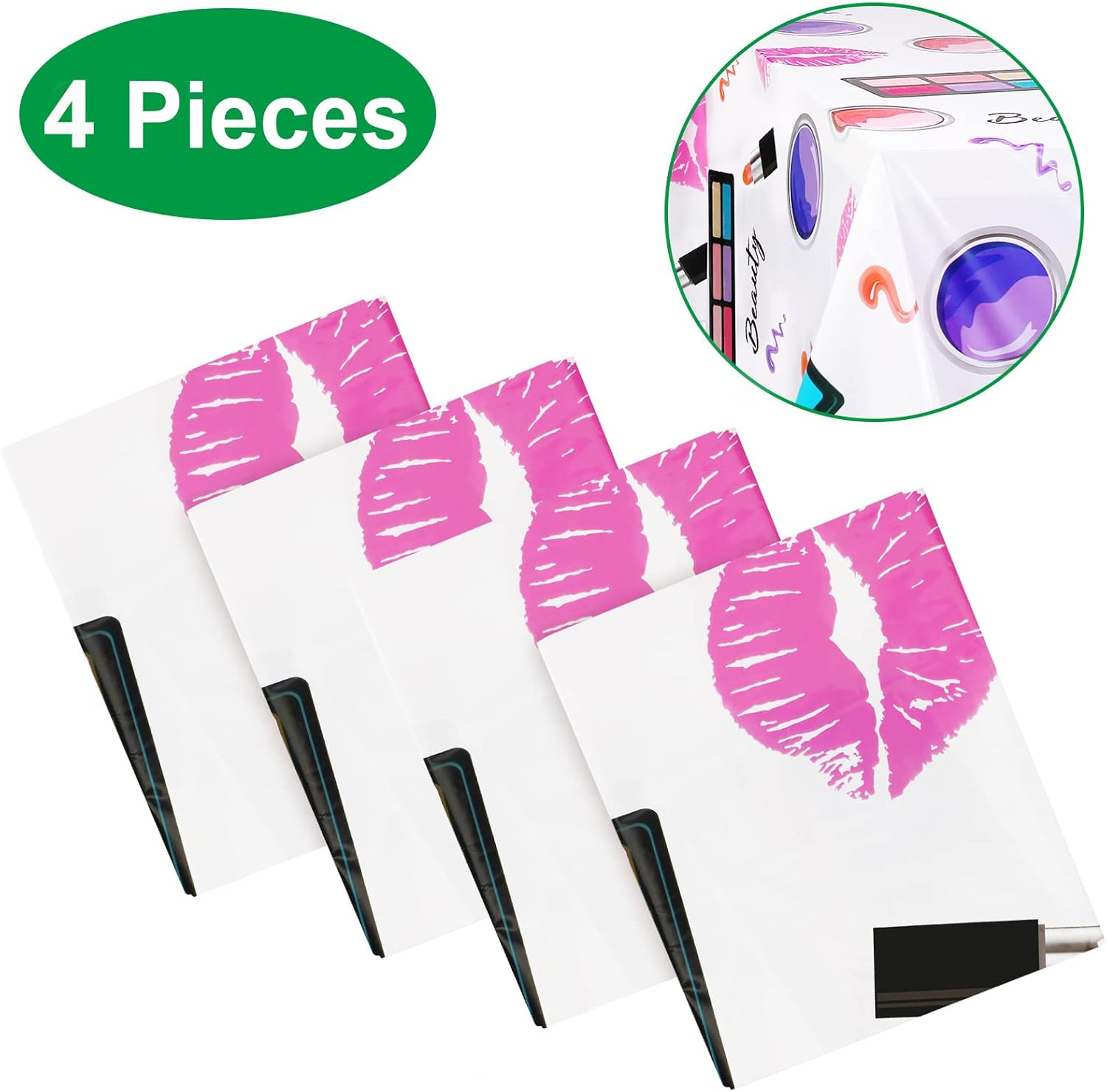 PHOGARY 4 Packs SPA Makeup Party Tablecovers, Cosmetics Makeup Theme Tablecloth, Disposable Plastic Rectangular Table Covers for Girls Spa Makeup Party Birthday Cocktail Party Decorations