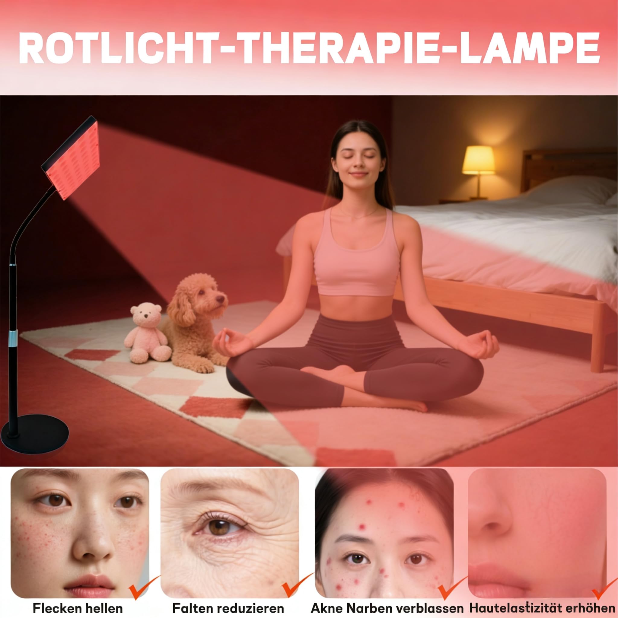 Panel terapeutyczny z czerwonym światłem 30 W, 100 diod LED, 660 nm i 850 nm, podwójna długość fali, regulacja jasności i timera, stojak z regulacją wysokości, w zestawie okulary ochronne na całe