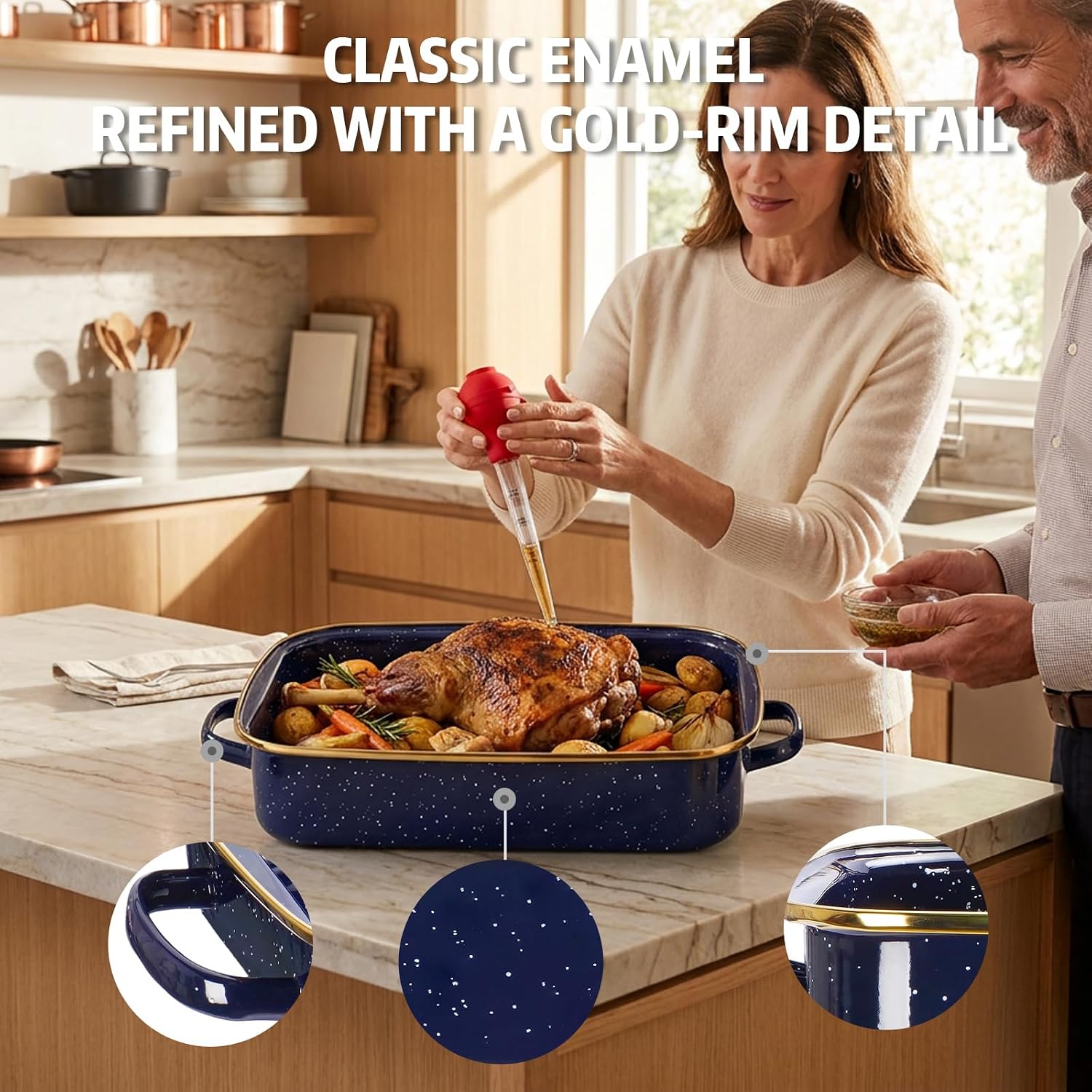 Enamel Turkey Roasting Pan with Rack for Oven, 8pcs Roaster Blue
