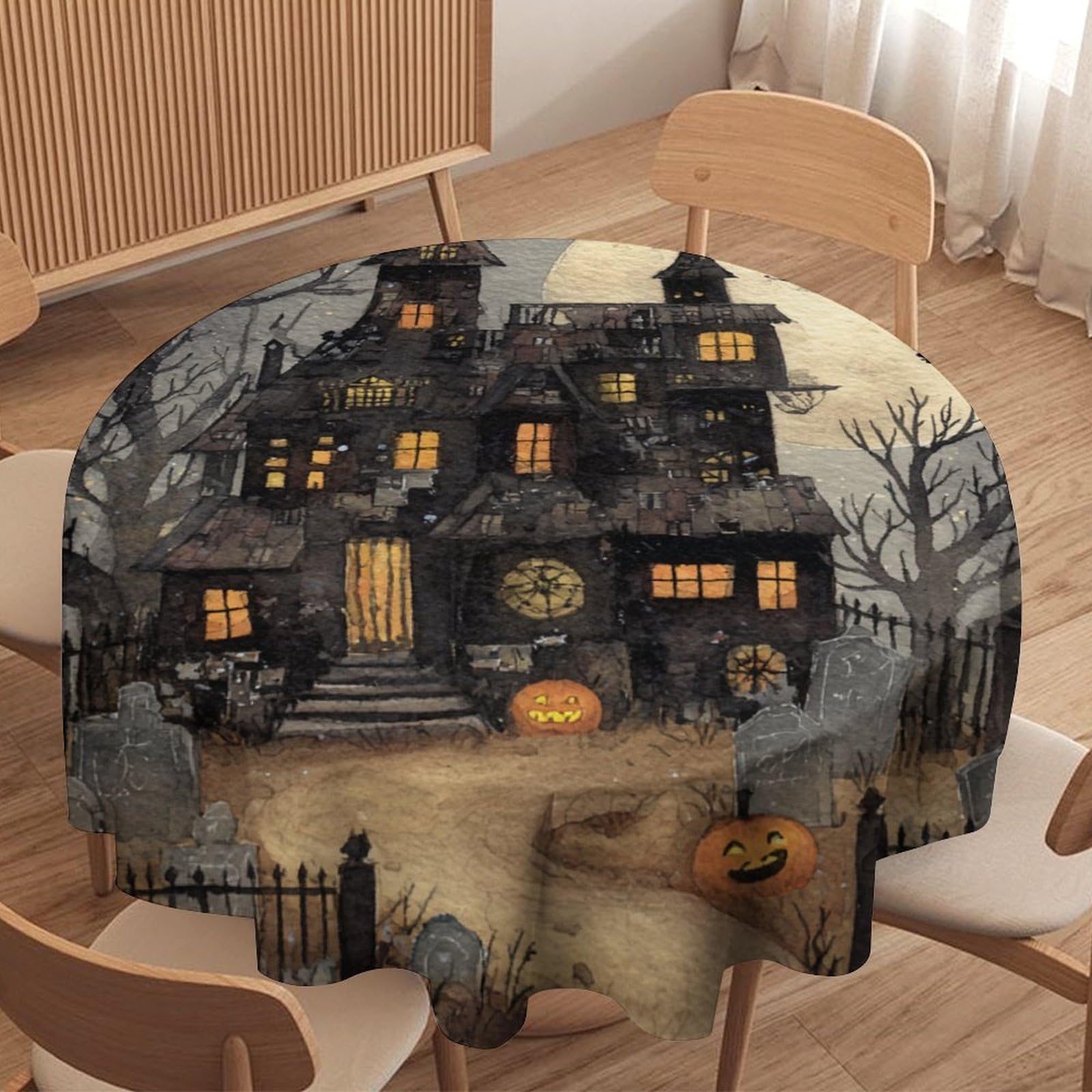 LUYYSKY Gothic Watercolor Scare House Waterproof Round Tablecloth Cartoon Fall Halloween Full Moon Animals Crows Pumpkins Washable Table Cover for Kitchen-127 Wx127 L cm