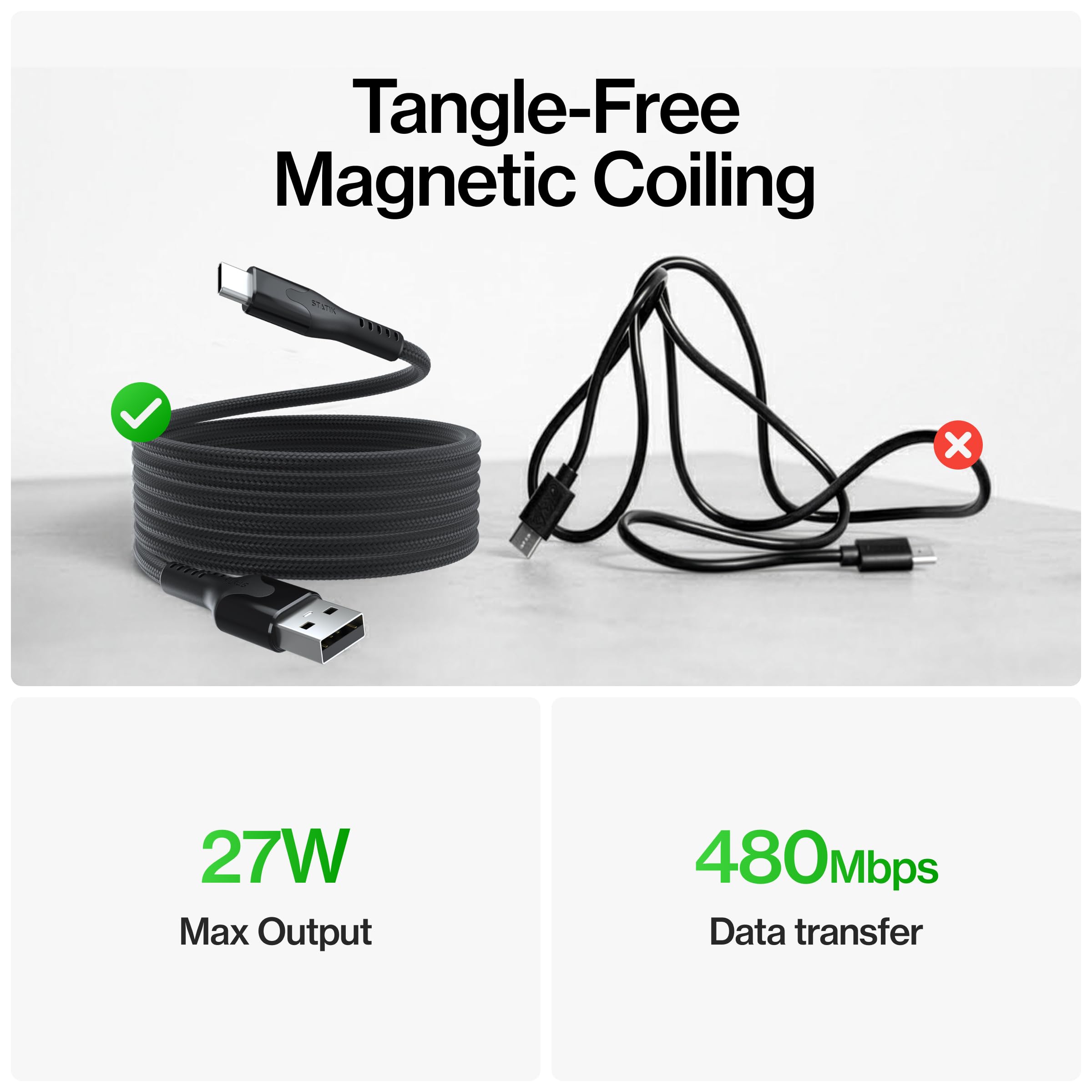 Statik MagStack USB A na USB C spiralny magnetyczny kabel do ładowania, 27 W | Nylonowy oplot nieplączący się, magnetyczne spoiling, transfer danych, kompatybilny z iPhone i Android, 3FT czarny, 3-pak