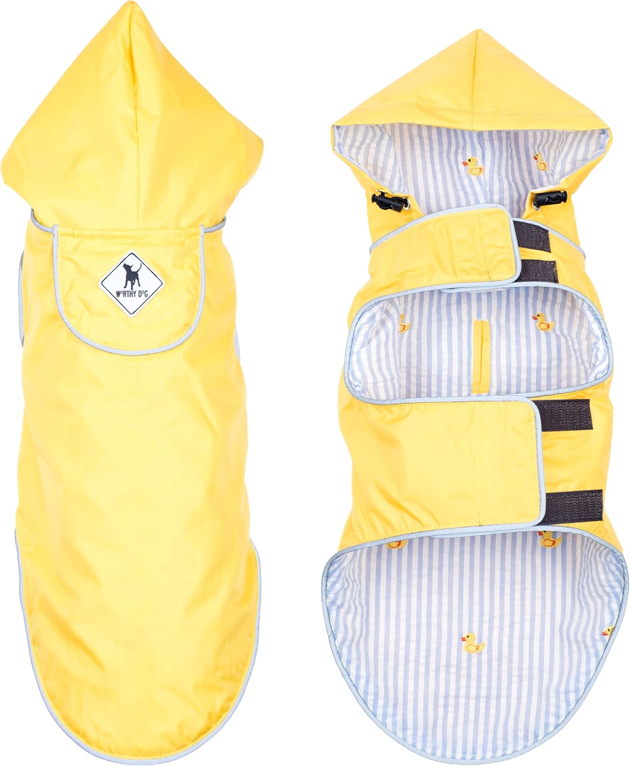 THE WORTHY DOG Seattle Slicker Dog Rain Jacket for Dogs Lightweight Water-Resistant Coat with Reflective Trim, Adjustable Fit, Hood Drawcord & Covered Harness Hole - Yellow, Small