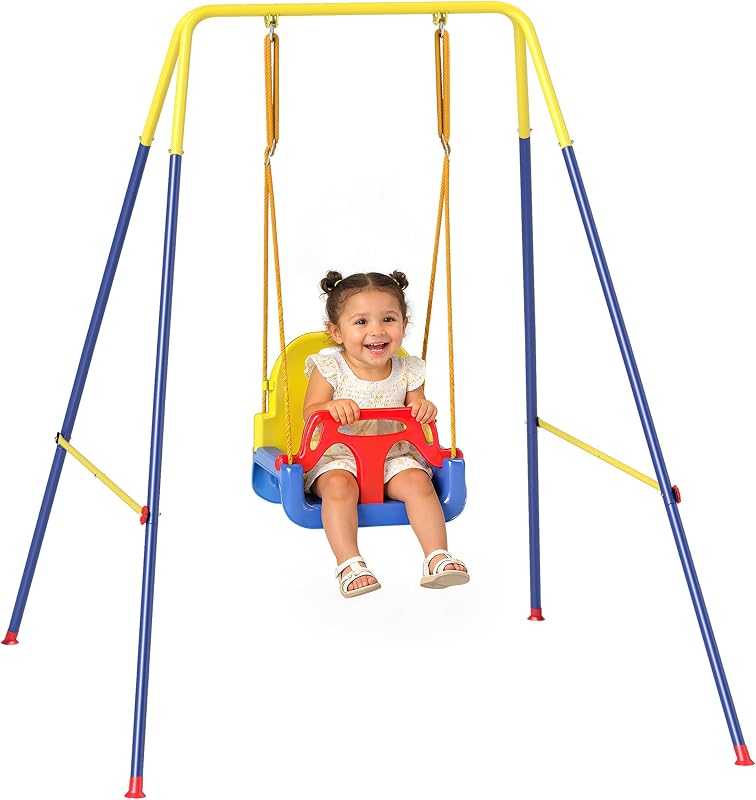 AIYAPLAY 3 in 1 Altalena da Giardino per Bambini, Altalena per Neonato da Interno e Esterno, Altezza Regolabile, Supporti in Acciaio Pieghevoli, Cintura Sicurezza, Facile Montare, 9 Mesi-8 Anni, Blu