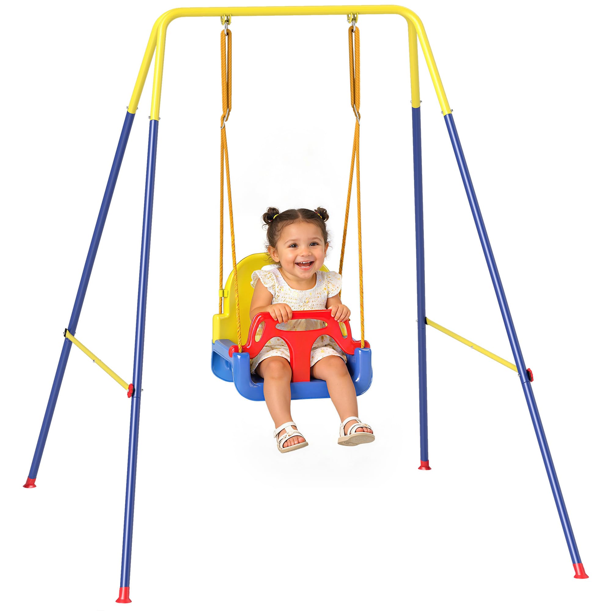 AIYAPLAY 3 in 1 Altalena da Giardino per Bambini, Altalena per Neonato da Interno e Esterno, Altezza Regolabile, Supporti in Acciaio Pieghevoli, Cintura Sicurezza, Facile Montare, 9 Mesi-8 Anni, Blu - 1