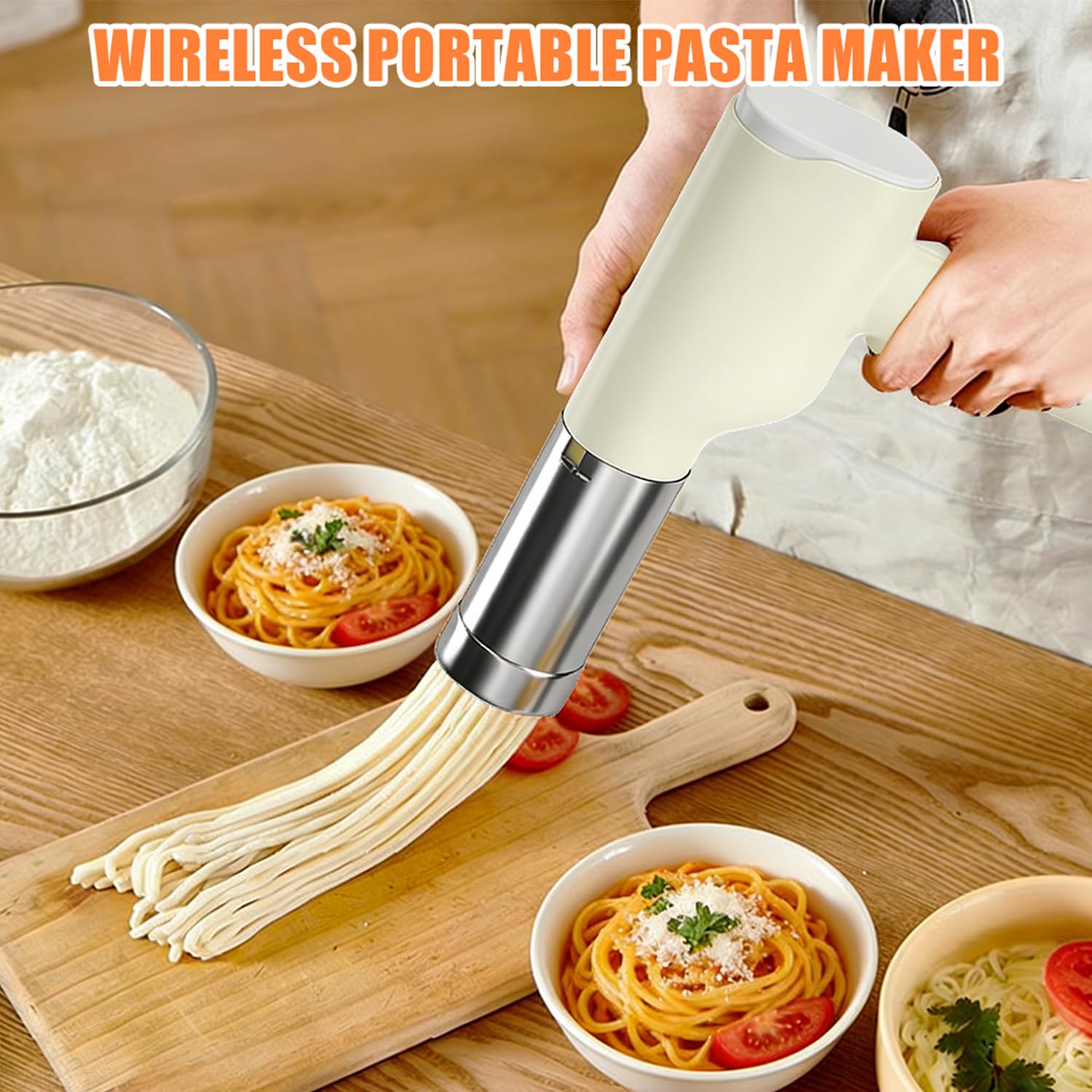 Elektrische Hand Nudelmaschine, Kabellose Pasta Maker mit 5 Nudelformen & Messbecher, Wiederaufladbar für Frische Pasta, Weiß