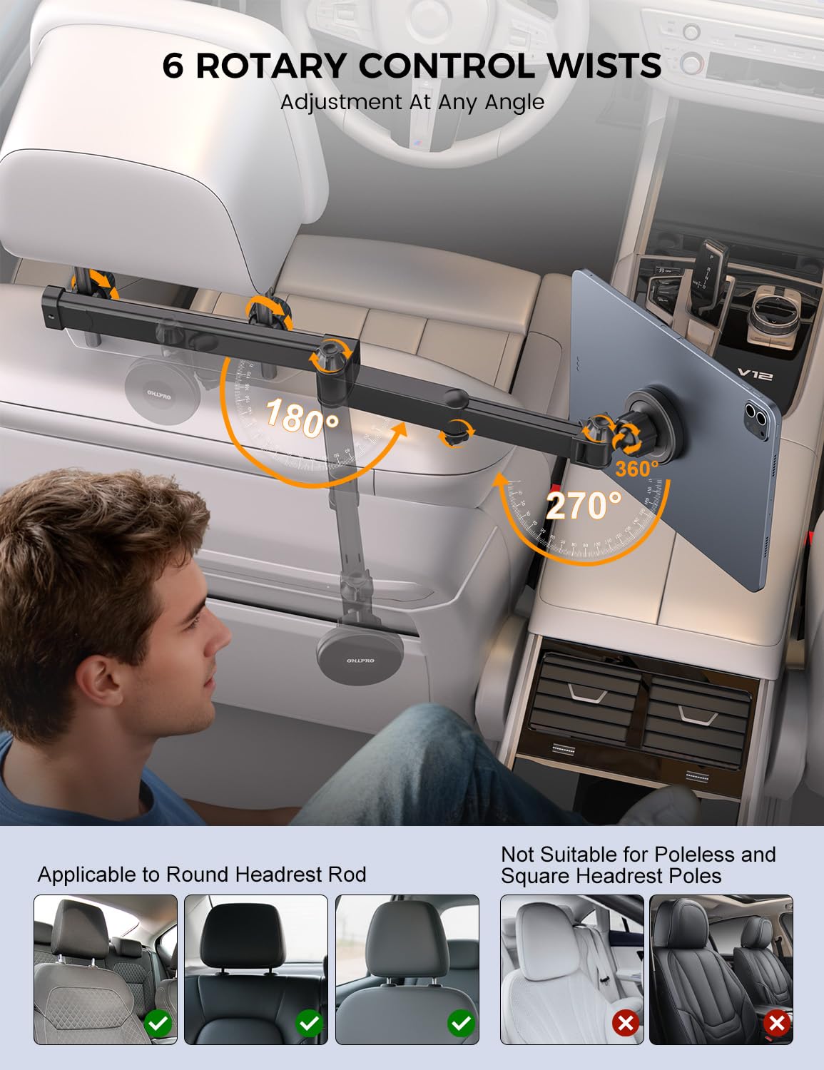 OHLPRO Support Tablette Voiture Magnétique [Bras Extensible Métal + Puissant Magnétisme] Support iPad Voiture Appuie-tête Rotative à 360° Porte Tablette Compatible avec Téléphones et Tablettes
