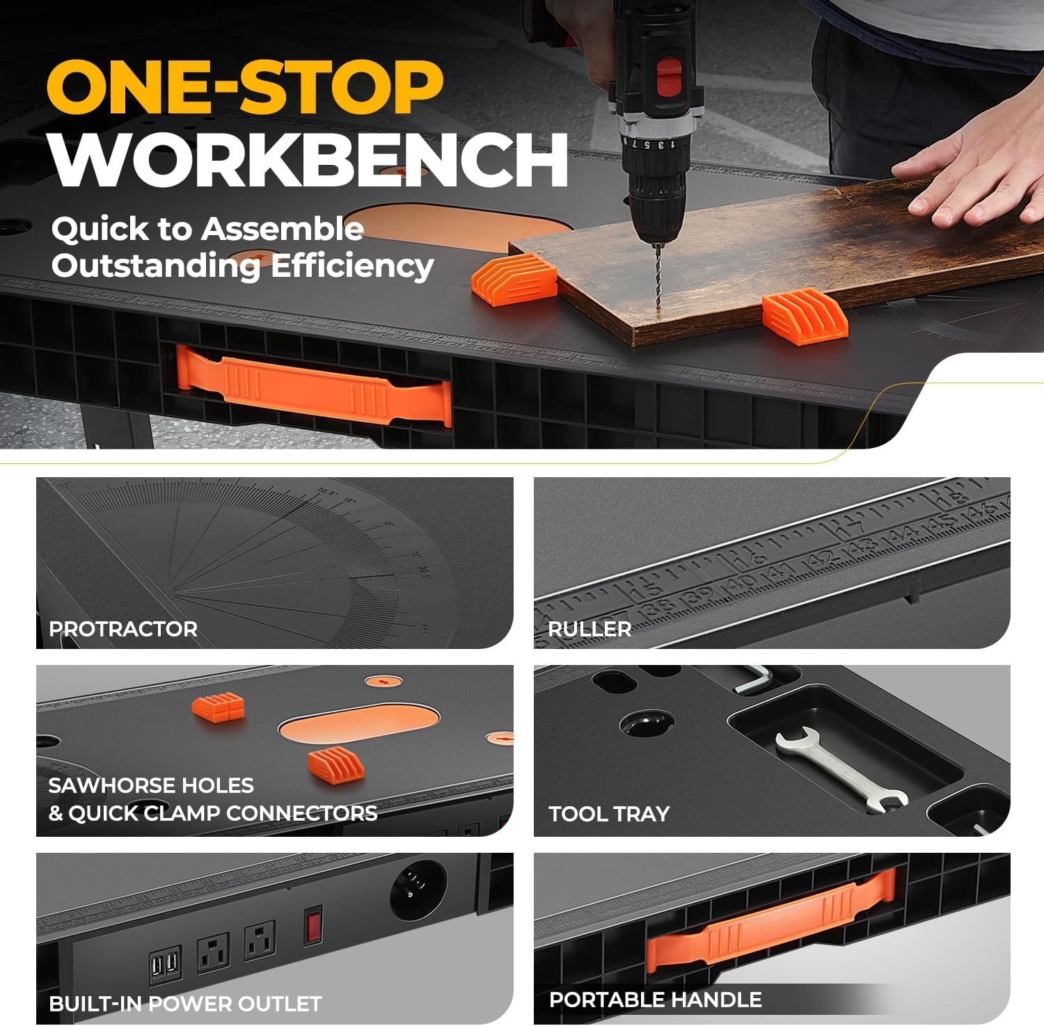 Auto Dynasty 3-in-1 Folding Workbench Portable 150kg(330lbs) Capacity Work Table/Saw Horse/Scaffold/Car Creeper/Dolly Mode with Side Chargers and Adjustable Height for Garage, Carpentry, and Workshop