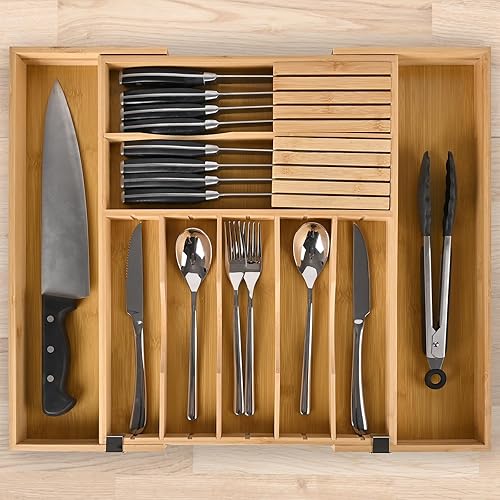Miniatura 7 de Organizador de cubiertos expandible de bambú con clips de bloqueo de acero inoxidable antideslizantes, soporte para utensilios de cocina con bloque