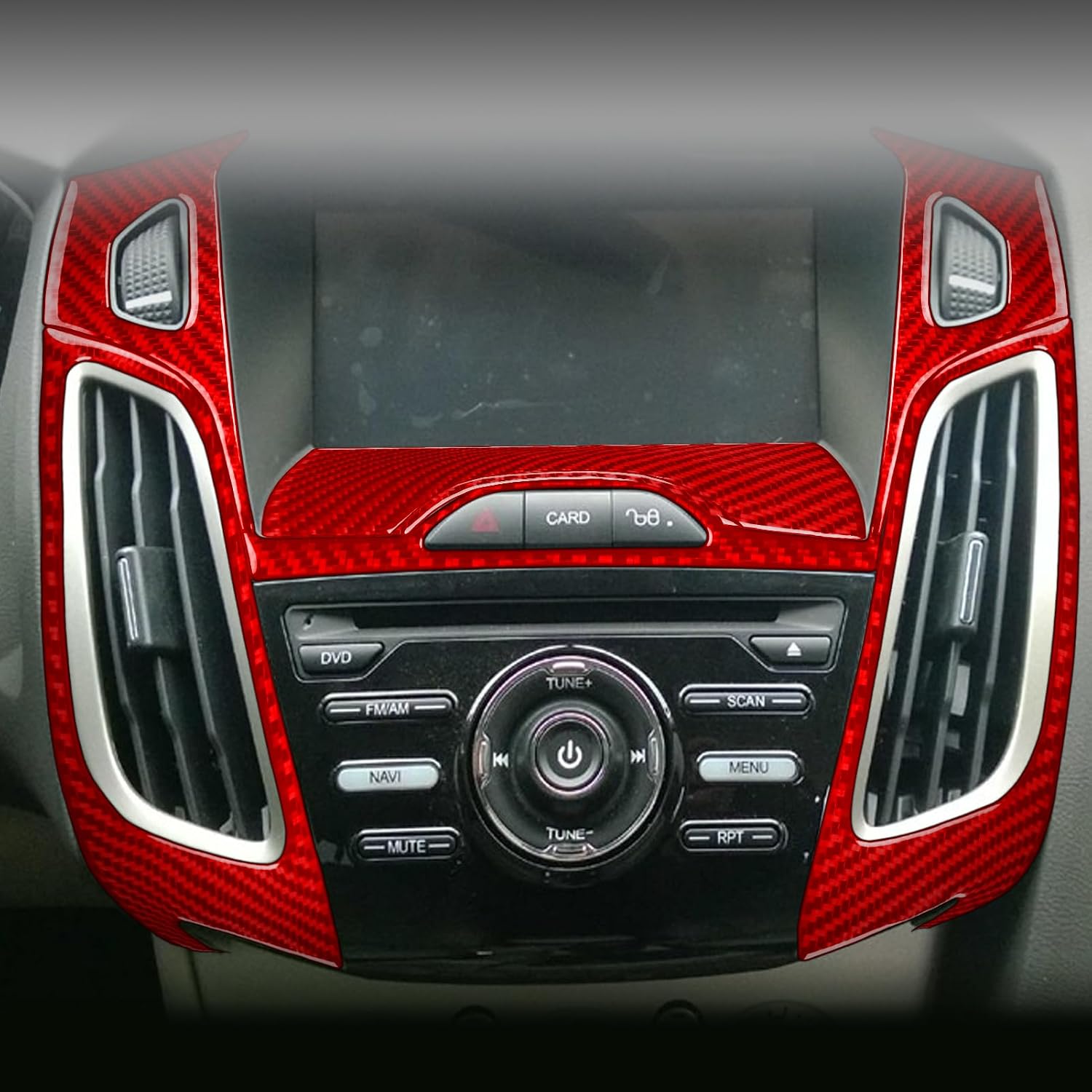Real Carbon Fiber Car Center Console Multimedia Kit Red Cover Interior Trim Sticker Decal Accessories 7PCs Compatible with Ford Focus C346 ST/RS/S/SE/SEL/Titanium 2012 2013 2014