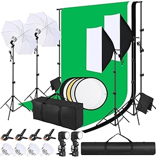 Kit Studio Photo Clevich, 2,6m x 3m Système de Support de Toile de Fond avec LED Parapluie Softbox 5 en 1 Réflecteur, Set pour Studio Photo Professionnel pour Portrait et Photographie Vidéo