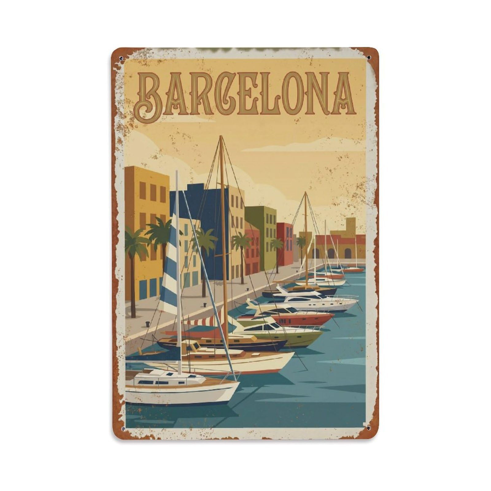 Okngb Style Harbor Waterfront Barcelona Retro Mediterranean Tourism Metal Tin Sign Plaque Wall Decor For Cafe, Man Cave, Club Bar, Office, Home Garden Round Metal Poster 8X12inch