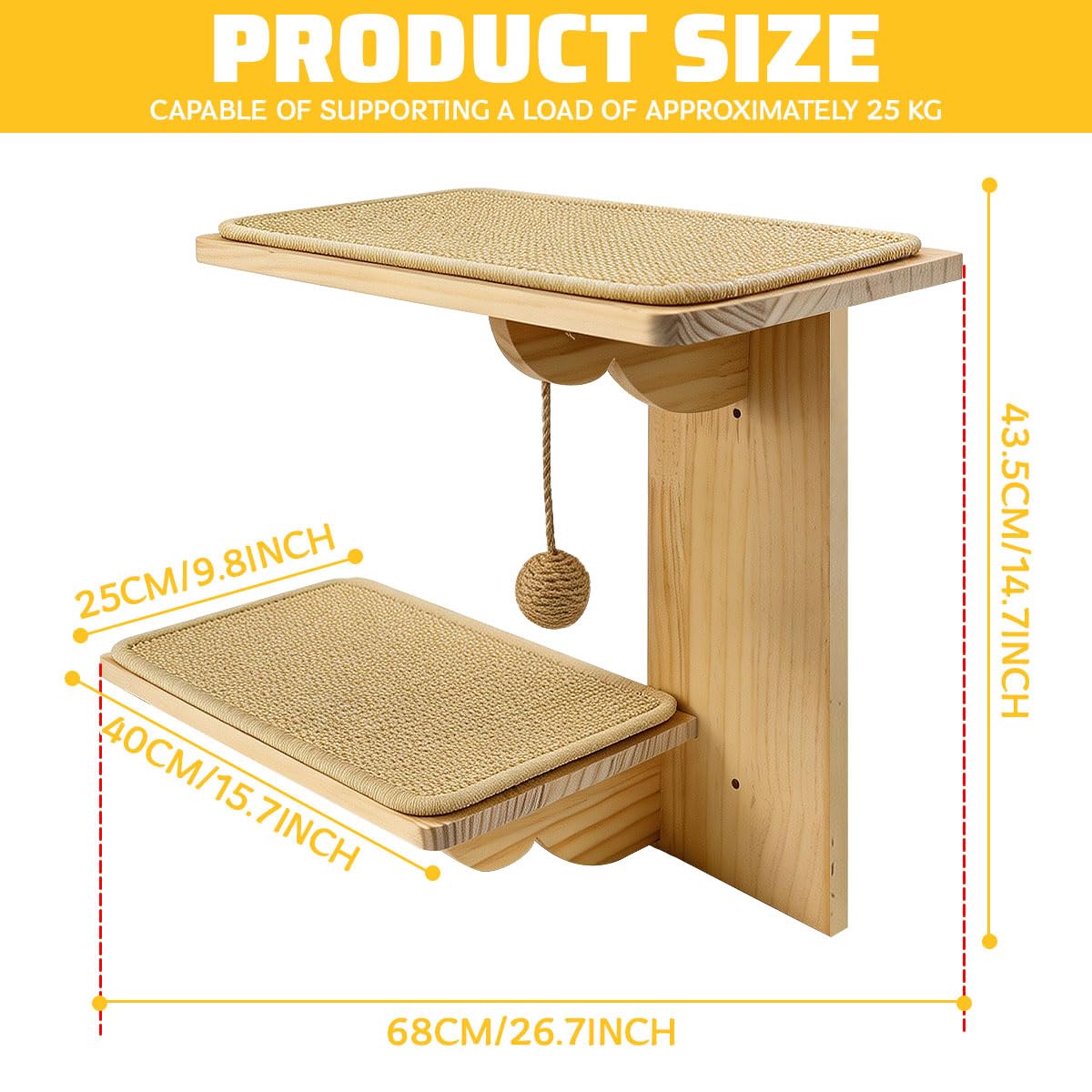 Kletterwand Katze Holz mit Integriertem Sisalball & 2 Plattformen