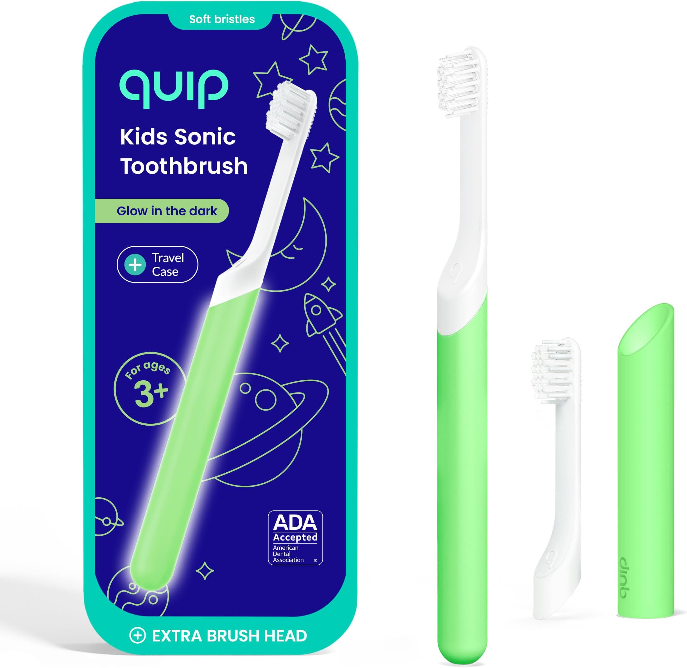 Quip Sonic Toothbrush for Kids with Timer - Includes Extra Brush Head and Travel Cover Mount - Electric, Soft Bristle Refill Head, Rubber Handle, 3 Month Battery Life - Glow in the Dark, Green