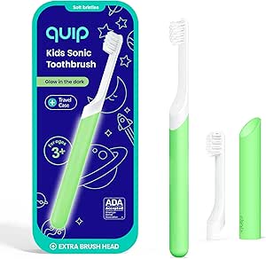 Quip Sonic Toothbrush for Kids with Timer - Includes Extra Brush Head and Travel Cover Mount - Electric, Soft Bristle Refill Head, Rubber Handle, 3 Month Battery Life - Glow in the Dark, Green