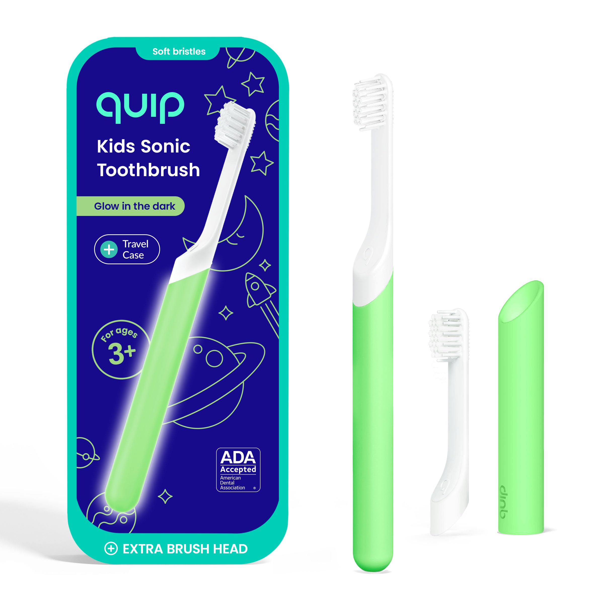 Sonic Toothbrush for Kids with Timer - Includes Extra Brush Head and Travel Cover Mount - Electric, Soft Bristle Refill Head, Rubber Handle, 3 Month Battery Life - Glow in The Dark, Green