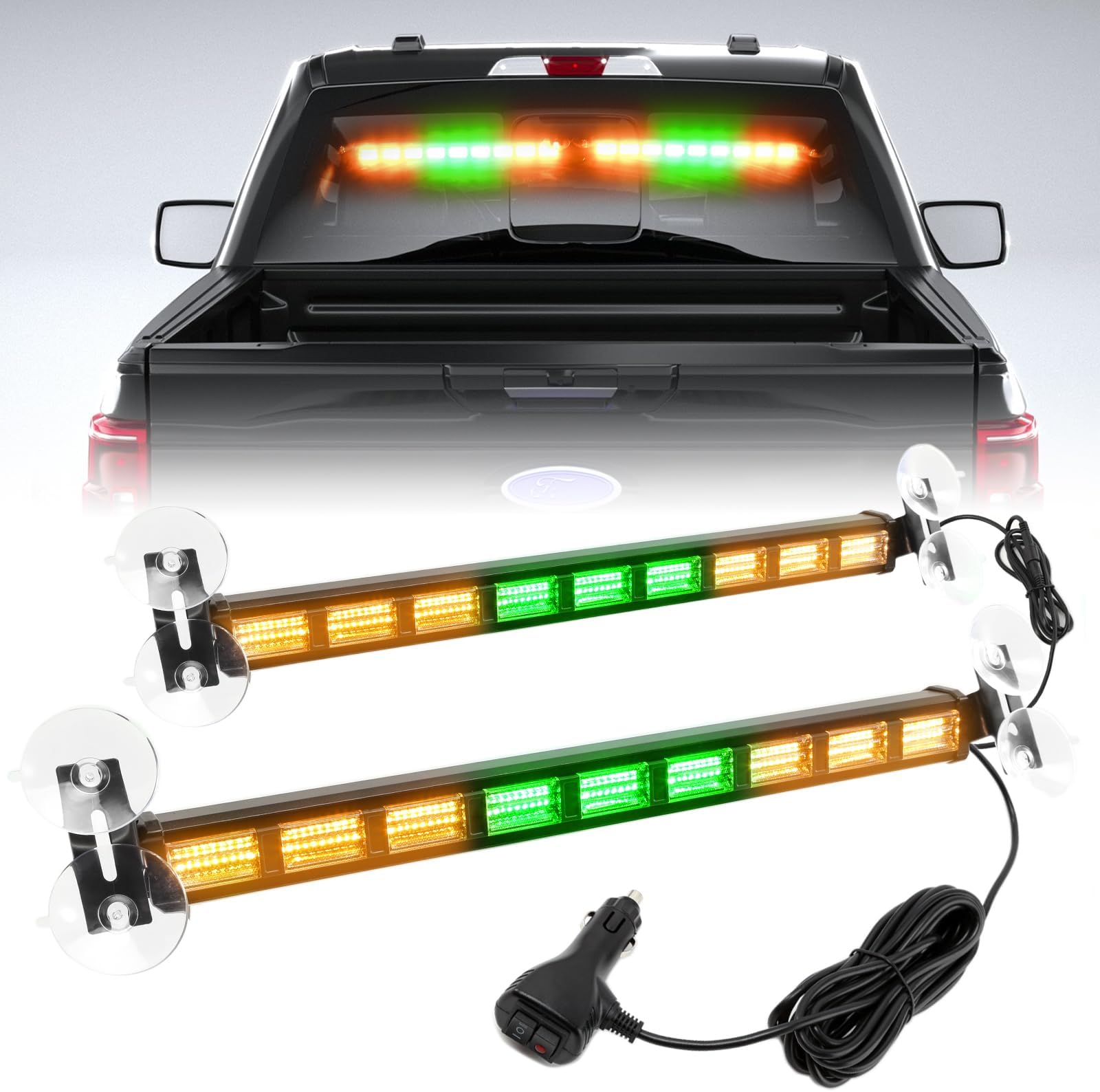 BooYu [Upgraded Switchable 4 Colors Emergency Strobe Traffic Advisor Light Bar 162 LED Windshield 2 in 1 Visor Safety Warning Hazard Flashing Lights for Firefighter Police Truck Vehicle (Amber/Green)
