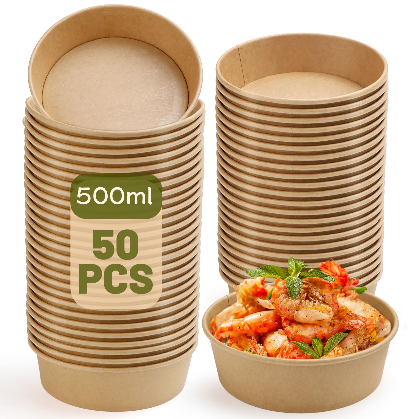 Ciotole di Carta Usa e Getta 50 Pezzi SANOU | Biodegradabili | Ciotole per Feste, Picnic, Insalate, Zuppe, Gelati 500ml | Marrone, Rotondo, Medio, Impilabile, Infrangibile