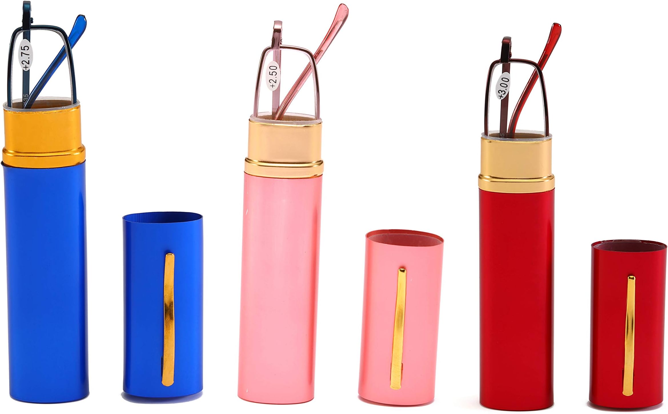 SOOLALA 3-PACK Mens Womens Lightweight Compact Reader Reading Glasses Reader w/Pen Clip Tube Case, BluePinkRed, +1.75x