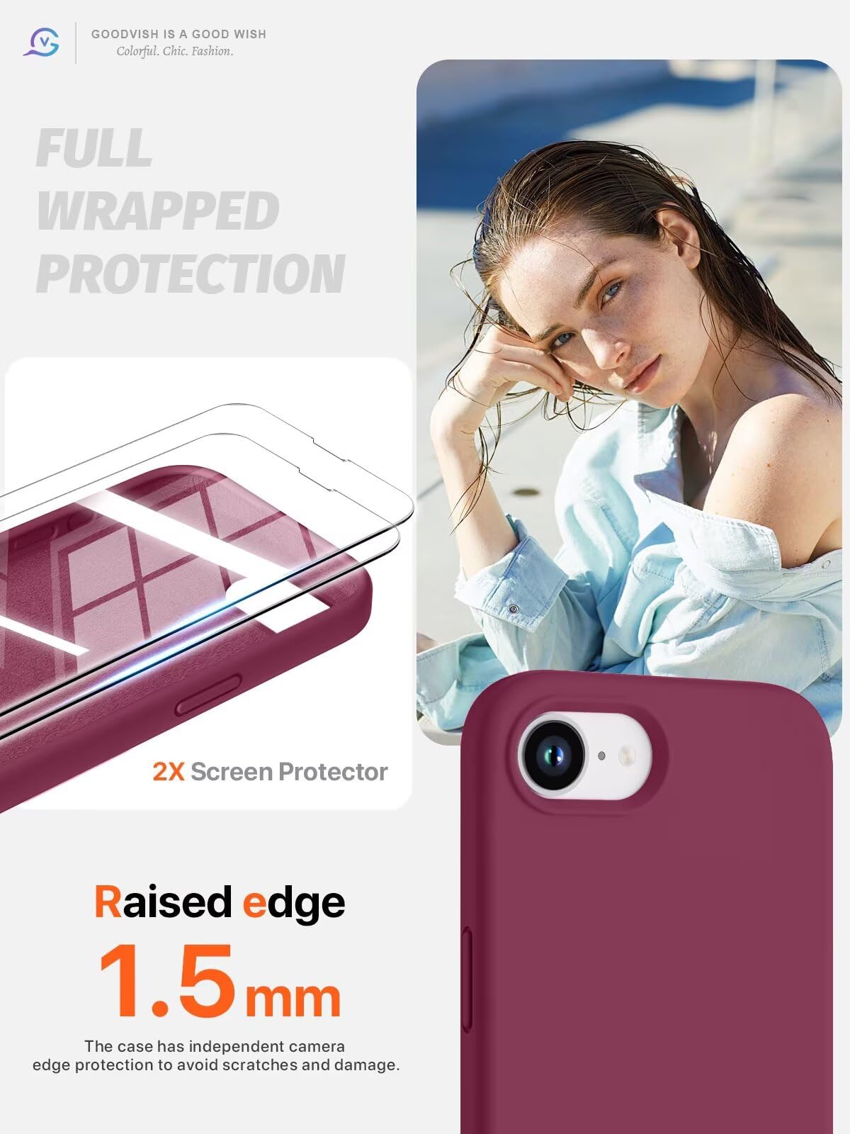 GOODVISH 3 in 1 Silicone Cover per iPhone 16e 6.1", Custodia con 2 Pellicola Vetro Temperato [Protezione Fotocamera] Protezione Anticaduta Case per Cellulare Antiurto Resistente, Vino Rosso