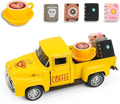 Vintage Mini Metal Pickup Truck with The Coffee Decor and The 4 Books,for Home Farmhouse Kitchen Decor & Coffee Decorations Coffee-Yellow