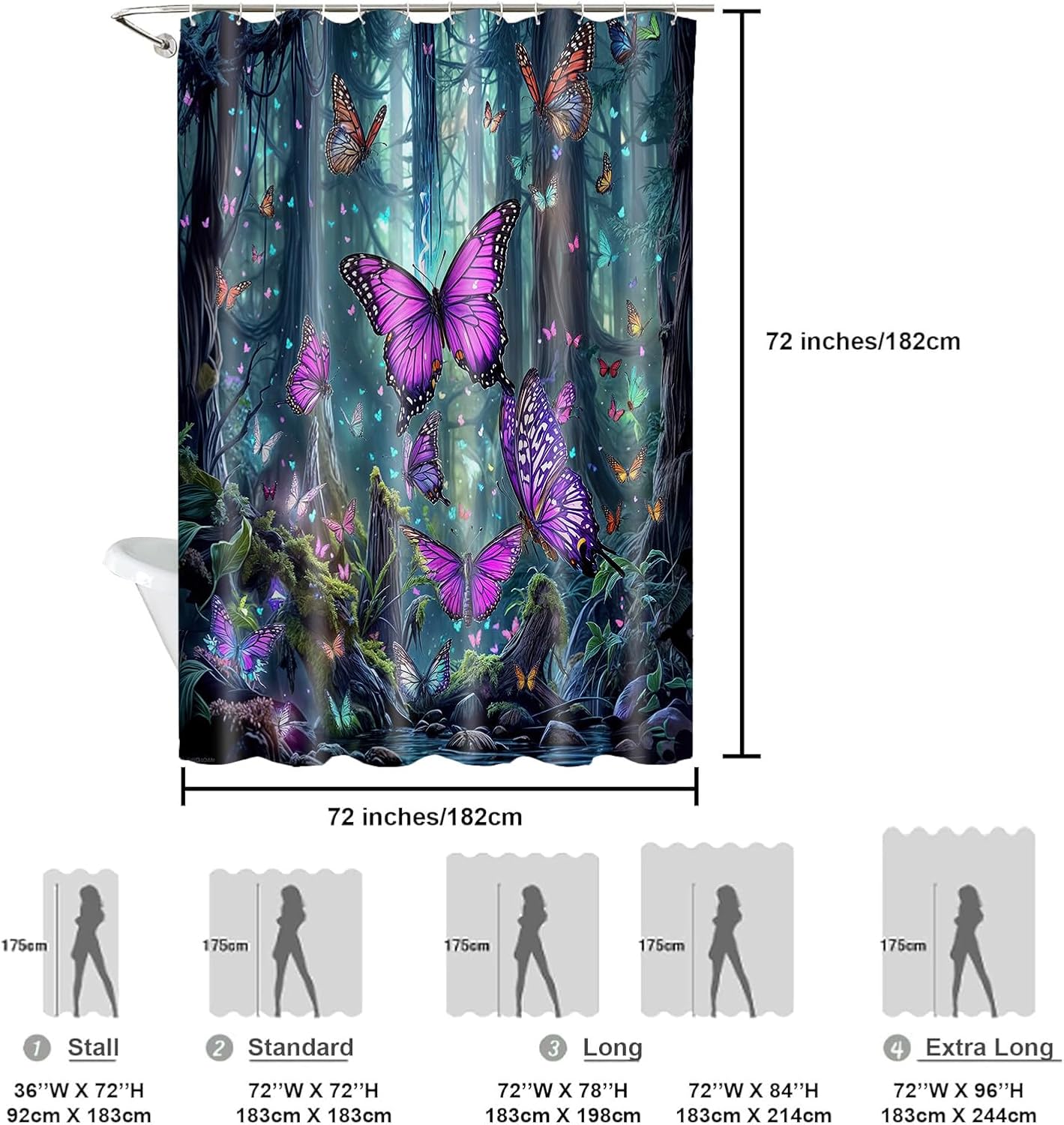 Enchanted Forest Purple Butterfly 78in Shower Curtain, Waterproof Fabric Bathroom Curtain with Hooks, Magical Woodland Nature Decor for Bathtub