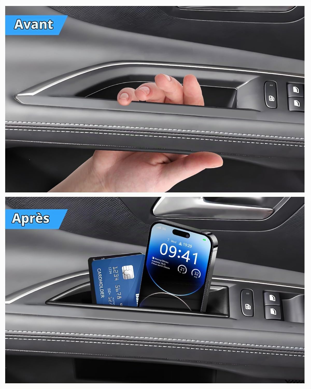 (2 Pièces Organiseur Poignée de Porte Avant Peugeot 3008 5008 | Compatible avec 3008 / 5008 2016-2023, Boîte Rangement de Porte avec Tapis Antidérapants, Matériel ABS