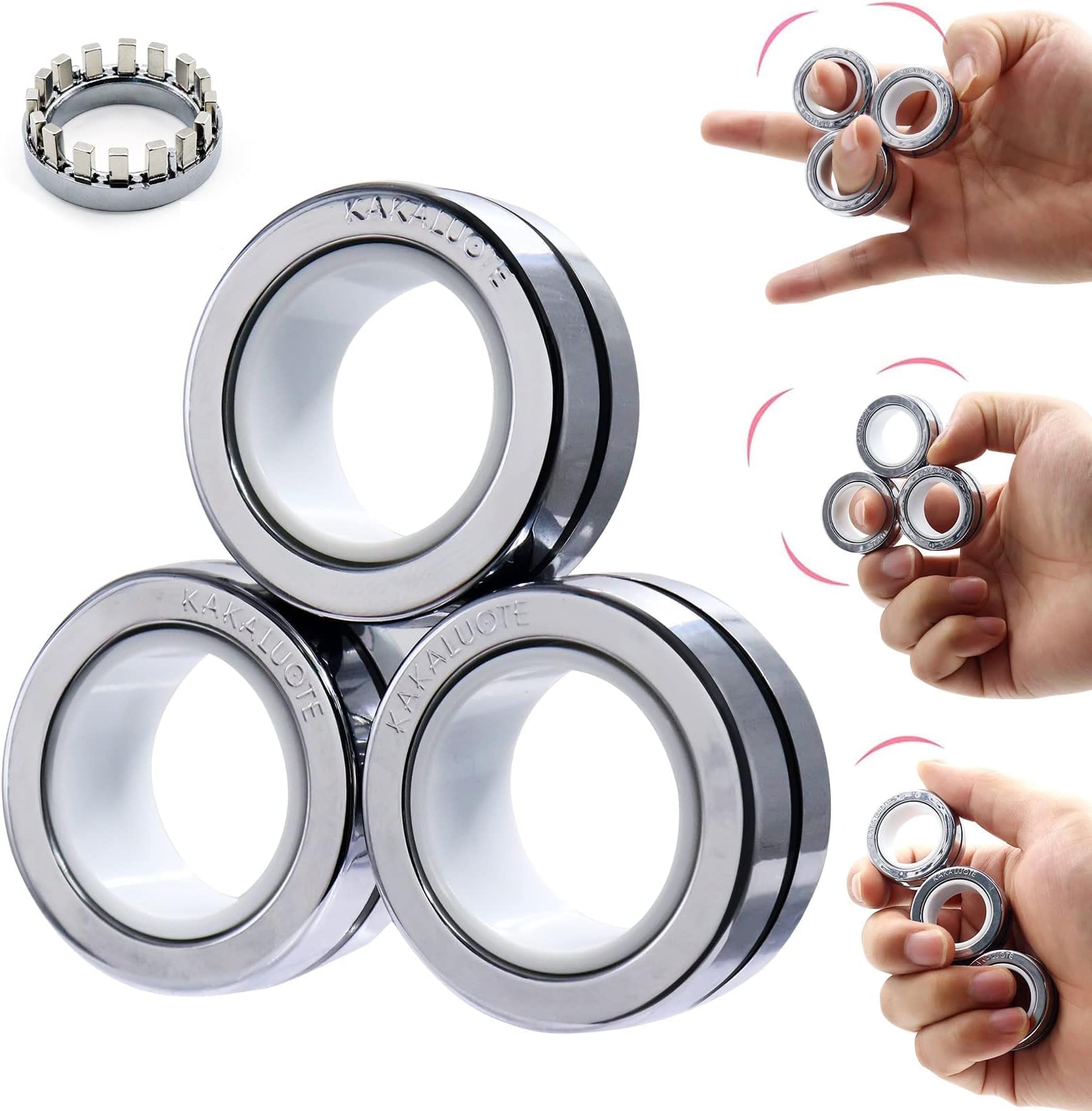 Upgraded Decompression Magnetic Rings Fidget Toys, Pack of 3, Silver, Copious Training Relieves Reducer Anxiety, Stress,Cool Neodymium Magnet Spinner for Adult