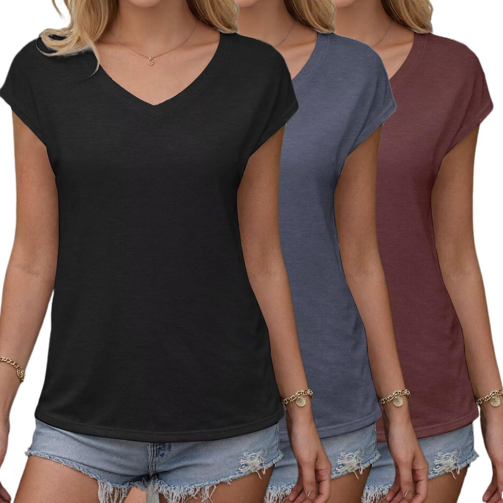 NUKELOLO 3 Pack Women's Summer Tank Tops Casual Spring V Neck T Shirts Cap Sleeve Trendy Beach Vacation Clothes Basic Tees