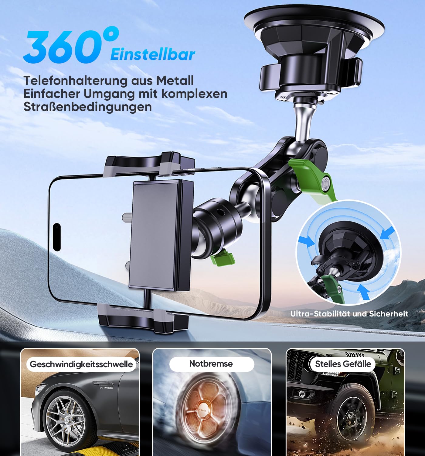 MAGIC JOHN Supporto per telefono da auto, girevole a 360°, forte aspirazione e morsetto stabile, per iPhone per Samsung, auto per smartphone da 4 a 7" (lungo)