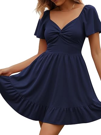 ECOWISH Twist Front Mini Summer Dresses for Women Short Flutter Sleeve Casual Flowy V Neck Tie Back A Line Dress with Pockets