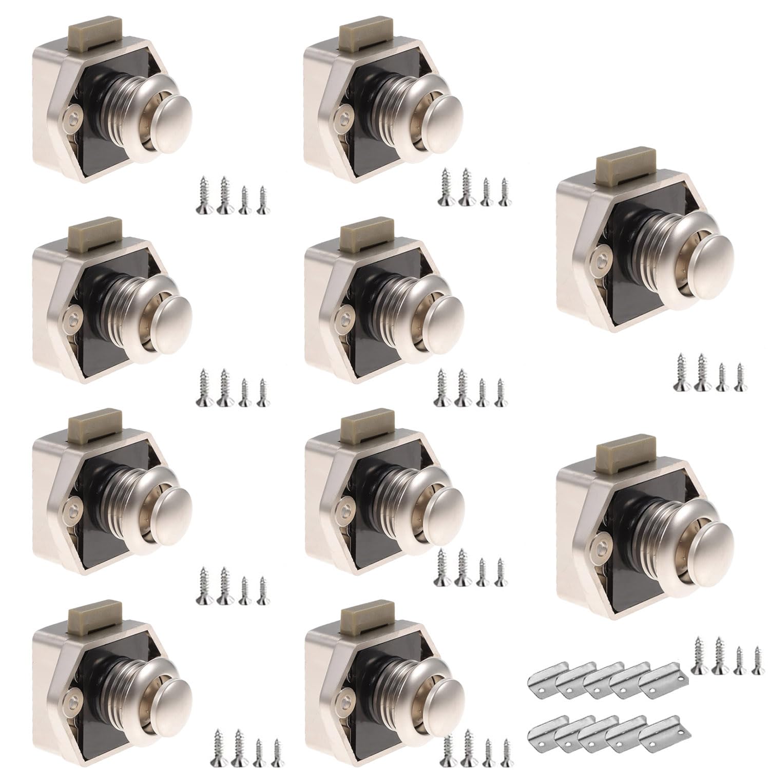 10 Pezzi Pulsante Chiusura a Scatto,con Vite e Piastra di Riscontro,Per Porta, Armadio, Camper, Yacht, Nave (Nichel perlato)
