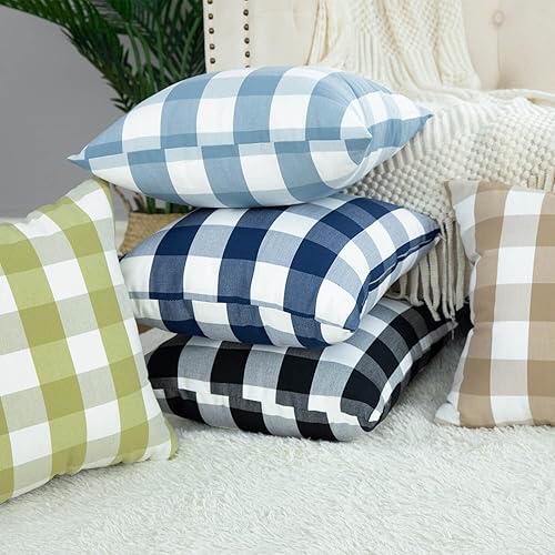 Miniatura 4 de VOGOL Juego de 2 fundas de almohada decorativas de cuadros azules y blancos, 18 x 18 pulgadas, con aspecto de lino, fundas de cojín cuadradas para