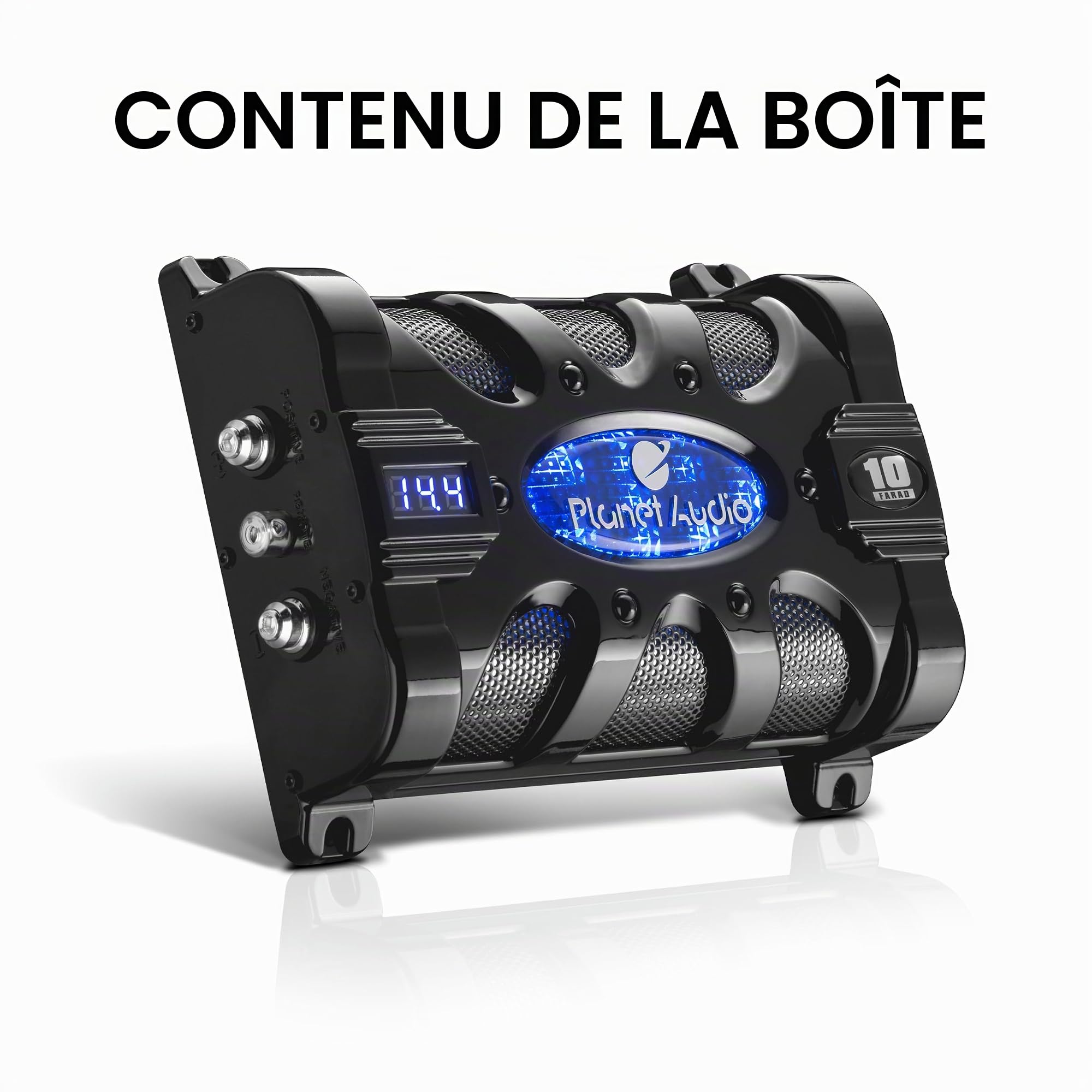 Planet Audio PC10F Condensateur de Voiture – 10 Farad, Stockage d'énergie, amélioration des Basses de la stéréo, tonalités d'avertissement, voltmètre LED