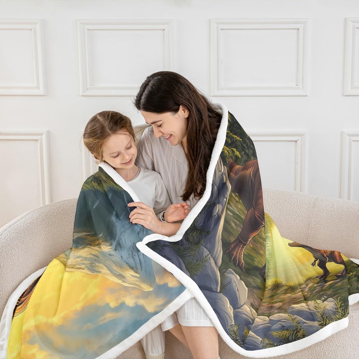 Erosebridal Cartoon Dinosaur Fleece Blanket - Toddler & Chair Throw Blanket, Tyrannosaurus Rex & Wild Dino 3D Plush Sherpa, Pink Cloud Decor