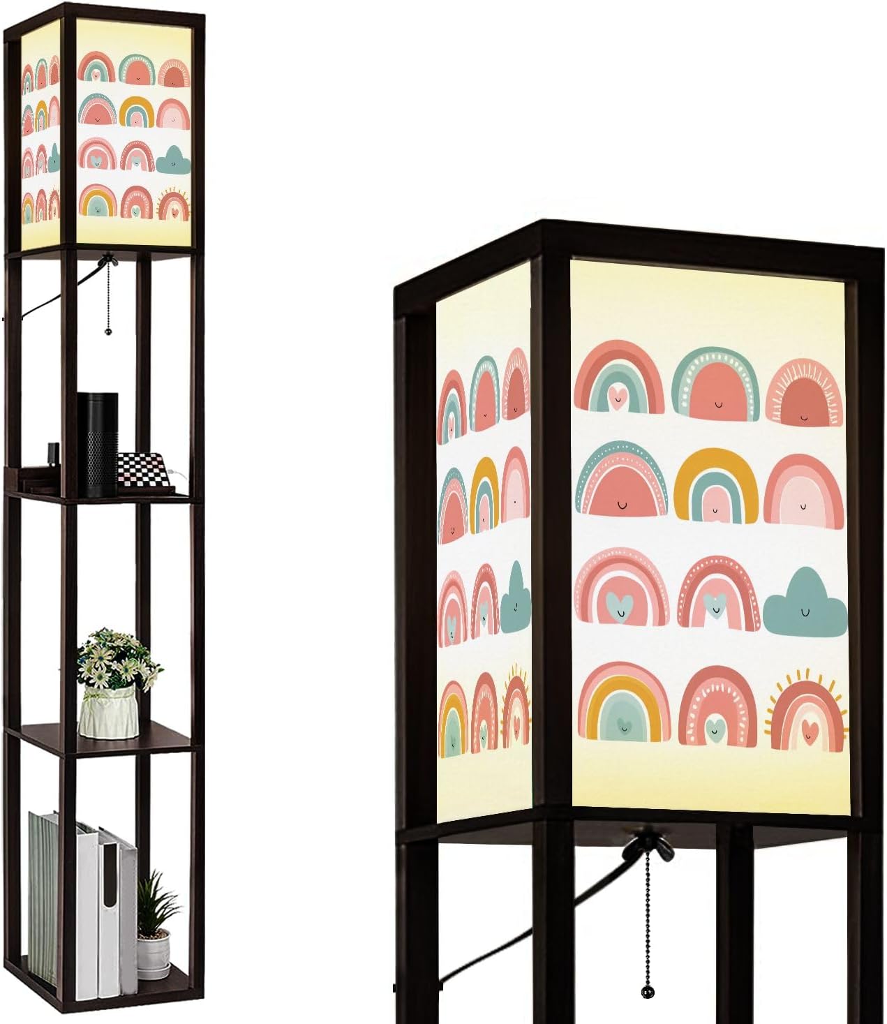 Floor Lamp with Shelves Cute Colorful Rainbow Set White Standing Tall Lamp USB Ports & Power Outlet Modern Corner Lamp Nightstand Light for Living Room Bedroom