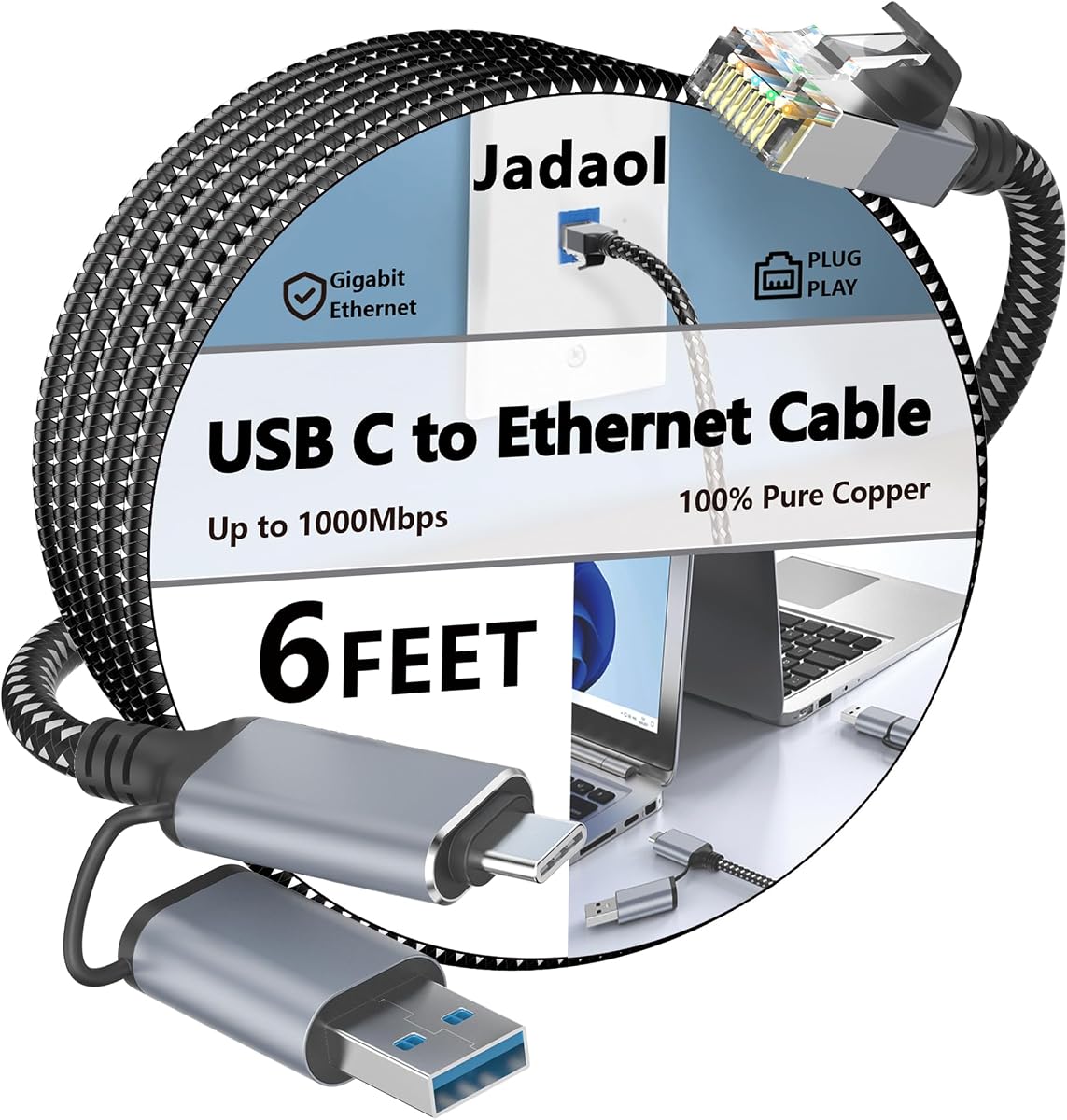 Jadaol USB-C/USB-A to Ethernet Cable 6 ft, Built-in USB-A Adapter, Up to 1Gbps Gigabit RJ45 LAN, Plug & Play for Most Systems, USB 3.0, Nylon Braided, Compatible with Thunderbolt 3/4 Device